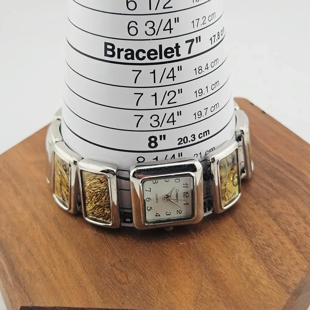 Gramercy Women's Bold Link Stretch Bracelet Watch Iridescent MOP Inlay Artsy